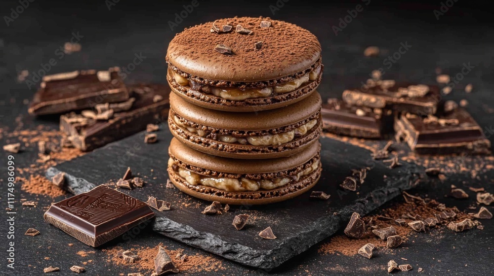Aufkleber a group of chocolate macarons with a glossy finish, stacked on a dark slate surface, surrounded by c