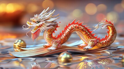 Fototapeta premium Ornate golden dragon figurine, poised on layered surface
