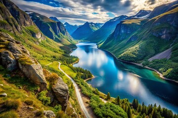 Fototapeta na wymiar Norway Hiking Trail Aerial: Stunning Lakes & Dramatic Right Turn