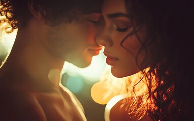 Close-up of a young couple embracing romantically in warm sunlight.