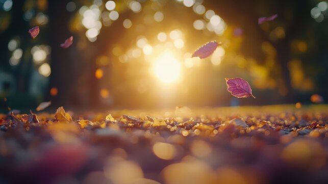 Golden hour sunlight illuminates falling autumn leaves. Ideal for fall-themed backgrounds, websites, social media, or nature-inspired projects.