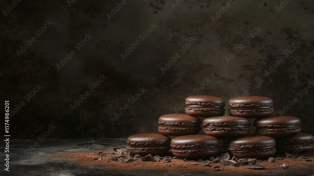 Aufkleber A group of chocolate macarons with a glossy finish, stacked on a dark slate surface, surrounded by cocoa powder and chocolate shavings for a rich, decadent look.