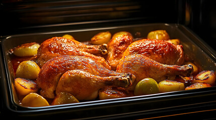 Fototapeta premium Roasted chicken in oven tray closeup, homemade crispy baked poultry dish, golden brown delicious dinner preparation