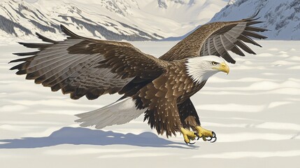 Majestic Bald Eagle in Flight Over a Snowy Mountain Landscape