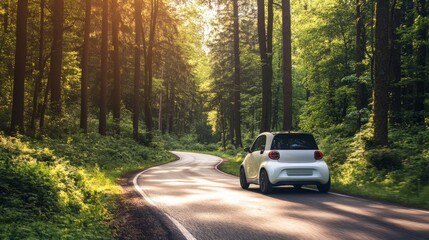 Obraz premium Remote forest road with vibrant greenery, electric car driving peacefully 