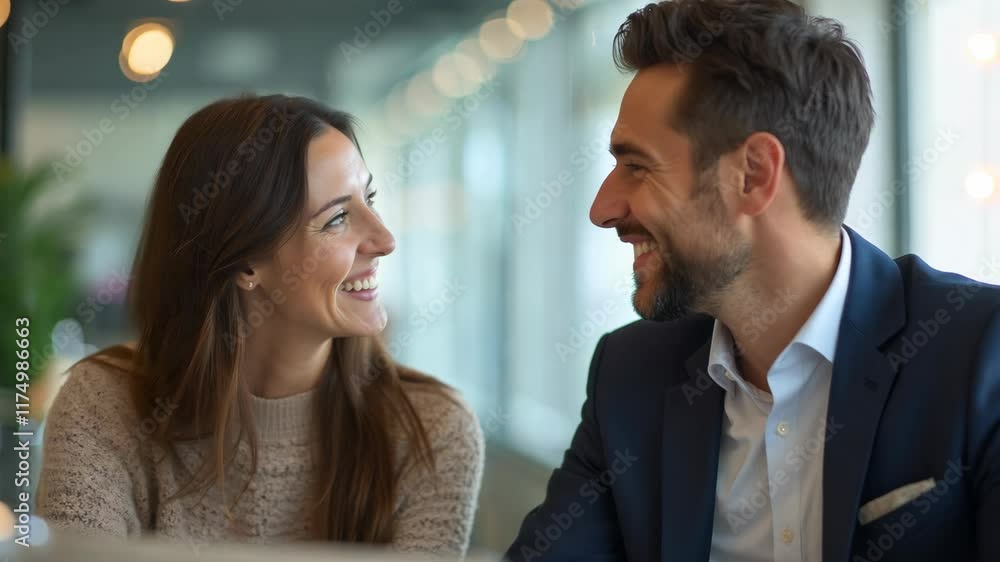 Poster couple enjoys warm conversation in modern office setting while working together on a creative projec