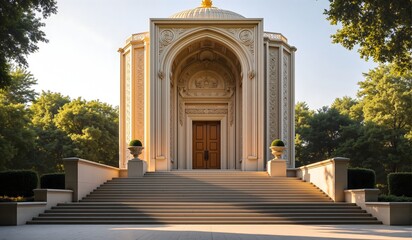 Fototapeta premium A grand entrance of a classical building adorned with intricate carvings, arched doorway, and a domed roof, surrounded by lush greenery and illuminated by sunlight.