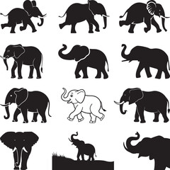 Elephant Printable Vector Design, Elephant kids Hand drawn elephant outline illustration, Set of elephant character silhouettes,