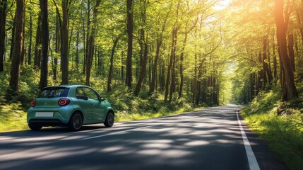 Fototapeta premium Remote forest road with vibrant greenery, electric car driving peacefully 