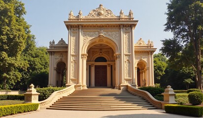 Fototapeta premium A grand historical building featuring ornate carvings, arched entrances, and wide stairs, surrounded by manicured greenery and exuding timeless architectural elegance.