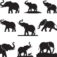 Elephant Printable Vector Design, Elephant kids Hand drawn elephant outline illustration, Set of elephant character silhouettes,