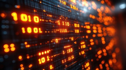 Glowing binary code data stream.