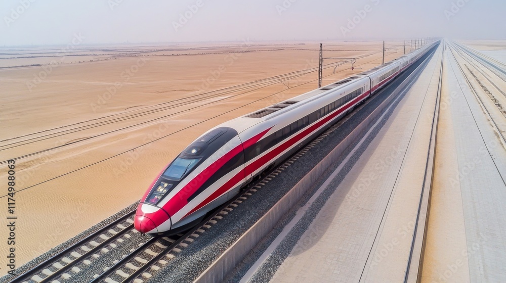 Aufkleber A high-speed train at full speed on a wide-open track, surrounded by empty fields and a clear horizon, emphasizing the train's swift motion