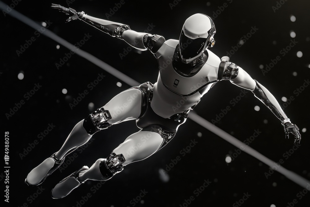 Poster robotic figure performing dynamic movements in a futuristic space environment