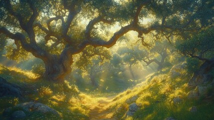 Fototapeta premium Sunlit Path Through Ancient Oak Forest