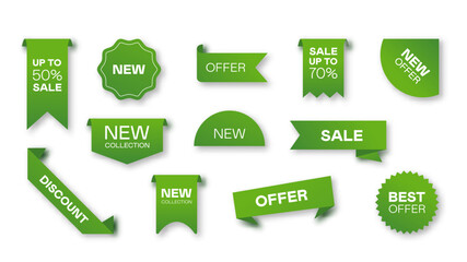 Collections of green ribbons tags badges and labels. Different sale green ribbons flat icon set. Price badges, special offer labels and discount stickers isolated vector illustration collection. Promo