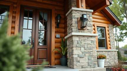 Log Cabin Entrance with Stone Pillars and Double Door