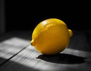 a ripe yellow lemon with a textured skin sitting on a wooden table, sunlight casting soft shadows around it