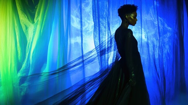 Silhouette of Woman in Flowing Gown Against Vibrant Blue and Green Curtains