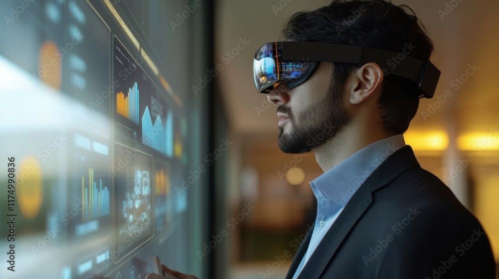 Poster a side view of a businessman using a virtual screen to review
