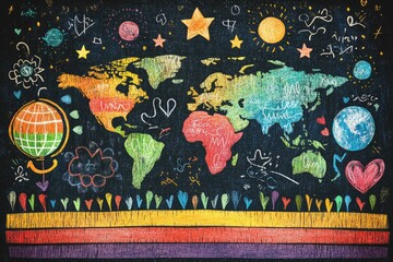 Colorful world map and globe drawing on blackboard for geography education