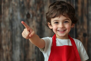 Cheerful boy wearing an apron, smiling and playfully pointing his finger at the viewer with joy