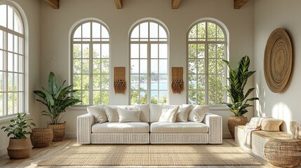 Serene Coastal Sunroom with Wicker Furniture and Breezy Charm