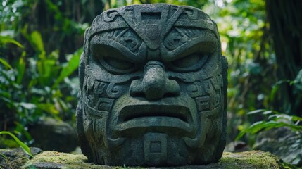 Obraz premium Ancient Stone Carving in Lush Jungle