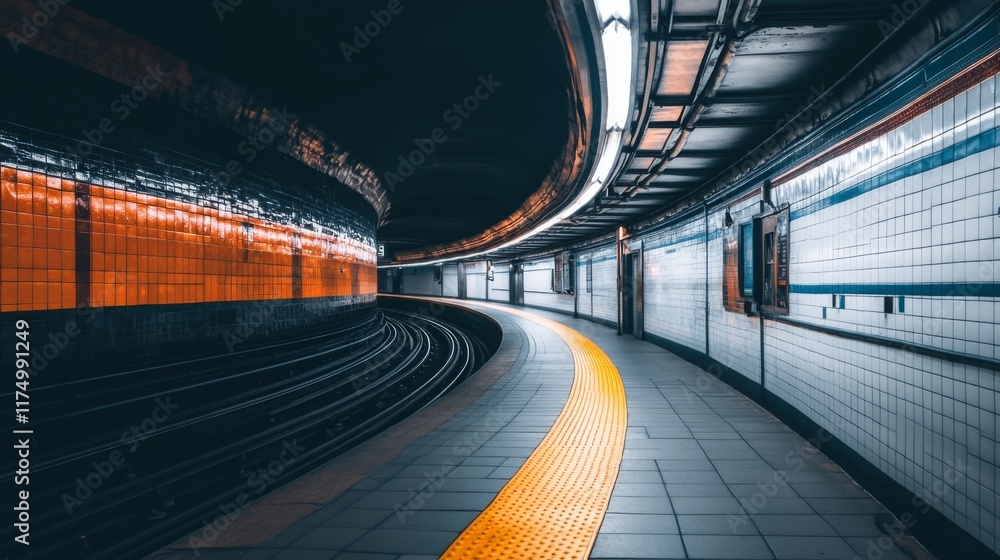 Leinwandbilder a long perspective shot of an empty subway tunnel, with illuminated track rails and smooth, curved w