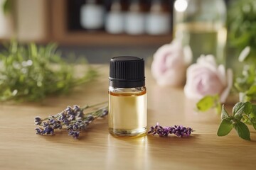 Essential Oil Bottle with Lavender and Herbs