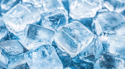 Obraz premium ice cube cold crystal background banner with copy space on blue wet surface top view. Ice Cubes - Cool Refreshing Crystals With Water Drops