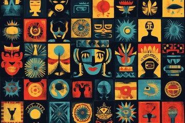 Fototapeta premium Colorful mid-century modern style abstract art depicting ancient ritual masks and symbols