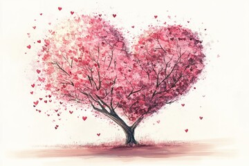Obraz premium A hand - drawn illustration of a whimsical heart - shaped tree in bloom Valentine’s Day card