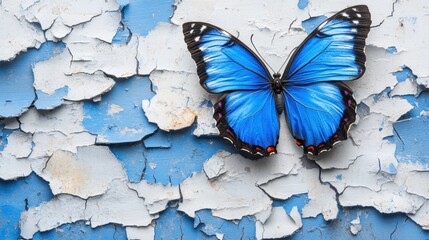 Blue Morpho Butterfly on Cracked Blue Paint