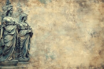 Naklejka premium Two elegant female statues adorning a classical architectural facade