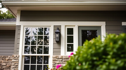 Close-up view of a house's exterior featuring gray siding, white window and door trim, a...