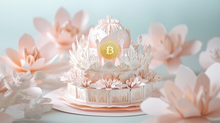 Intricate paper crown, Bitcoin centerpiece, floral backdrop