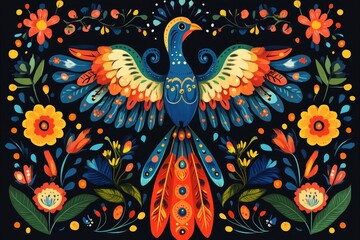 Naklejka premium Colorful bird showing its plumage among flowers in otomi style