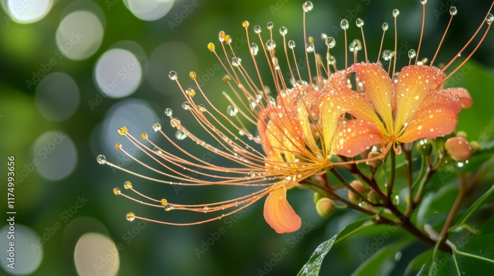 Poster a macro shot of a colorful flower with sparkling water droplets on its petals, set against a blurred