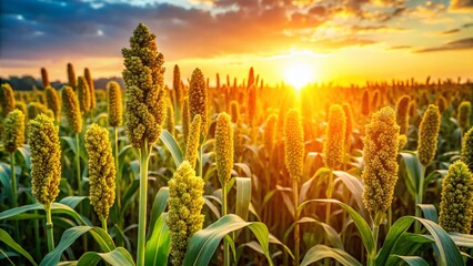 Fototapeta premium Organic Millet Field Sunset - Unripe Grains, Ecological Farm