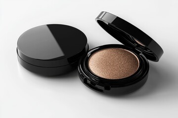 Compact powder in sleek black case. Ideal for beauty, cosmetic, and makeup ads.
