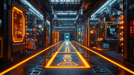 Fototapeta premium Futuristic Factory Corridor with Orange Lighting and Advanced Machinery (1)
