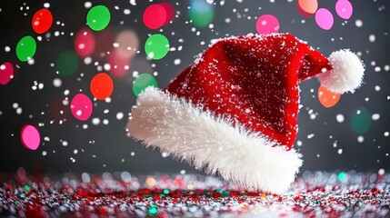 Festive snowfall action with christmas hat holiday celebration studio background cheerful vibe close-up view