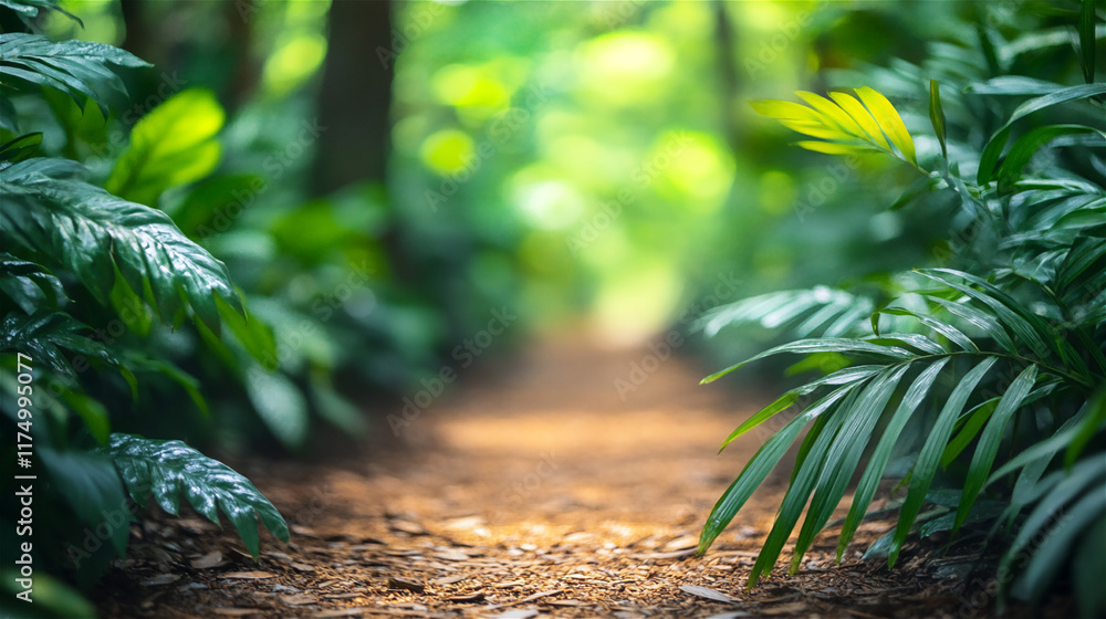 Aufkleber leafy green path in a lush forest with sunlight filtering through, creating a serene and refreshing 