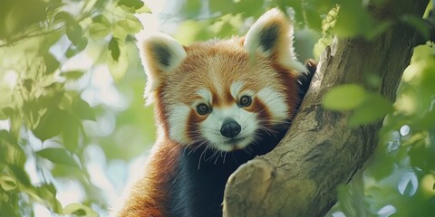 Fototapeta premium A cute red panda peeks from behind a tree branch. This charming animal, with its fluffy reddish-brown fur and large eyes, captures the beauty of nature.