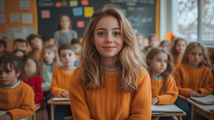 Obraz premium Smiling Young Girl in a Classroom Setting Among Engaged Students, Highlighting Education and Community