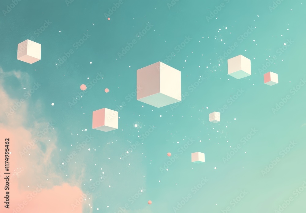 Poster minimalist animation featuring floating cubes and simple shapes in muted teal and pink colors