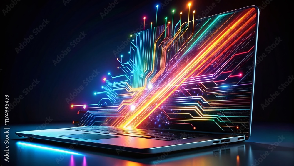 Poster futuristic ai technology: long exposure of a glowing laptop screen displaying complex data streams.