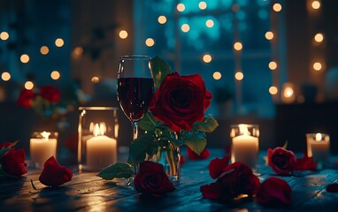 Romantic dinner setting with red roses, wine, candles, and fairy lights.
