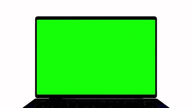 laptop mockup with green screen 3d render computer chroma key lap top front view motion graphics element on white background opens zoom in intro graphic video monitor